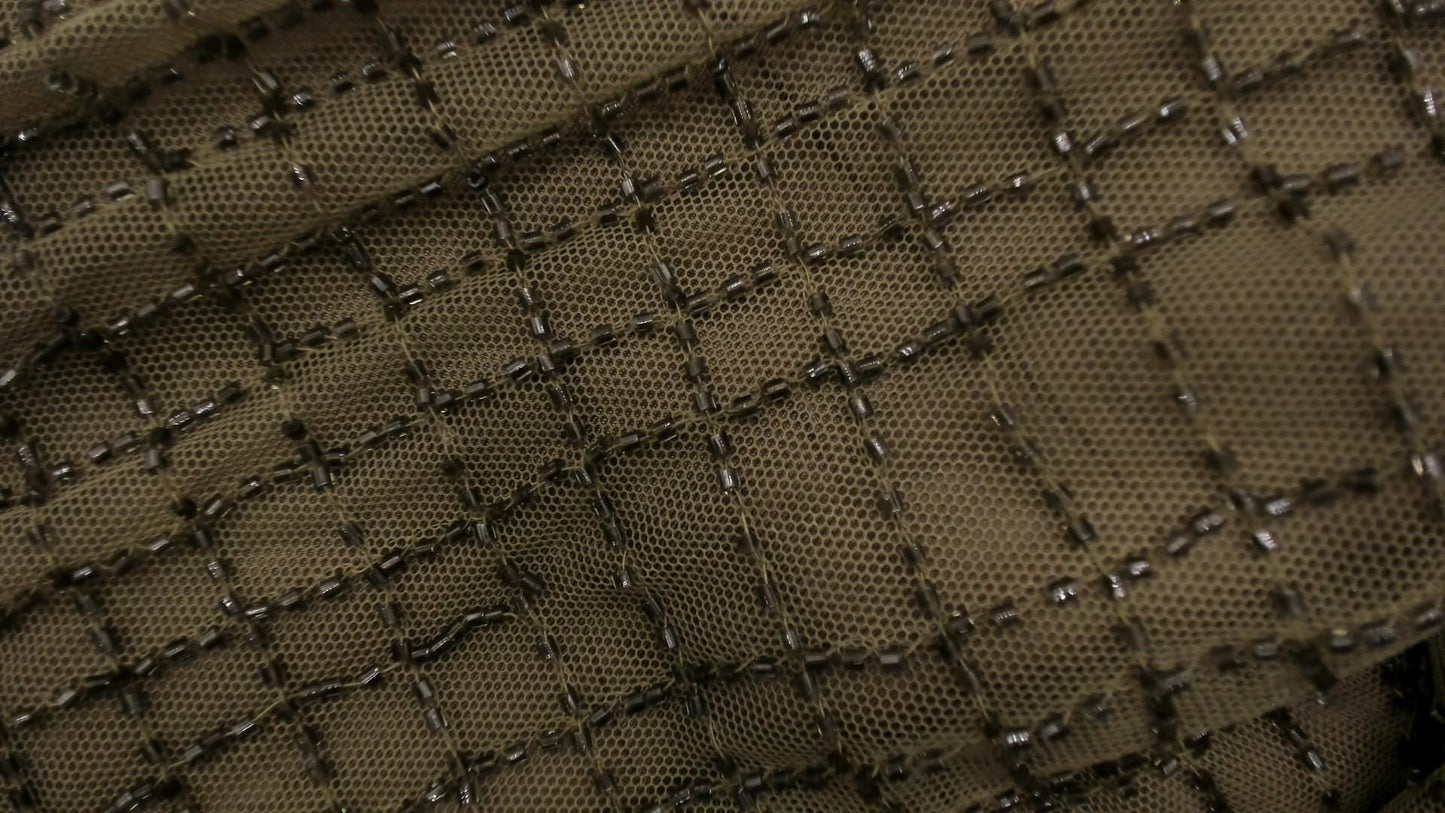2000s Chetta B Olive Beaded Mesh Top Fur Cuff Blouse Medium M