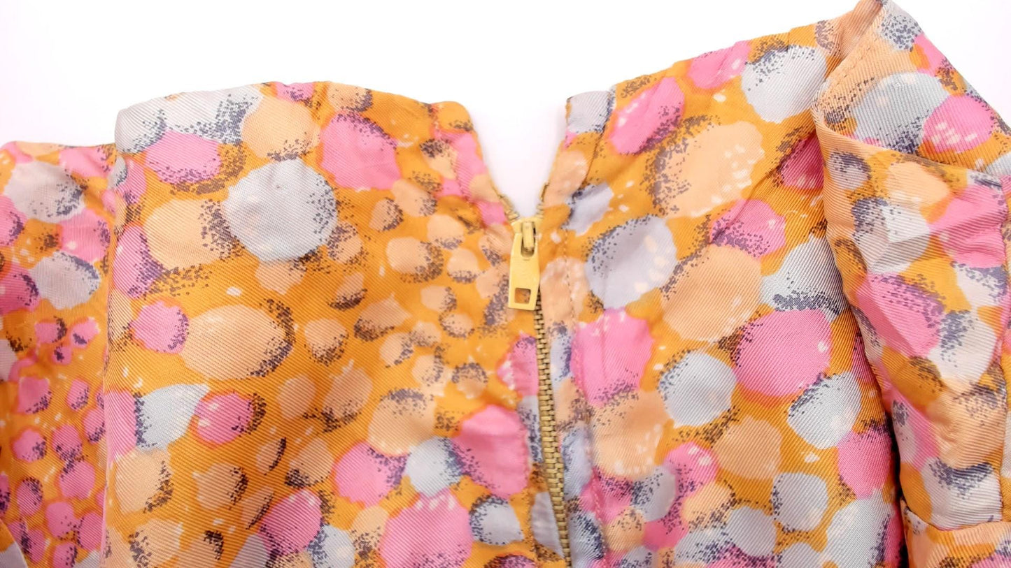 60s Silk Babydoll Dress Pebble Print Orange Pink Blue Mini Scoop Neck Medium M