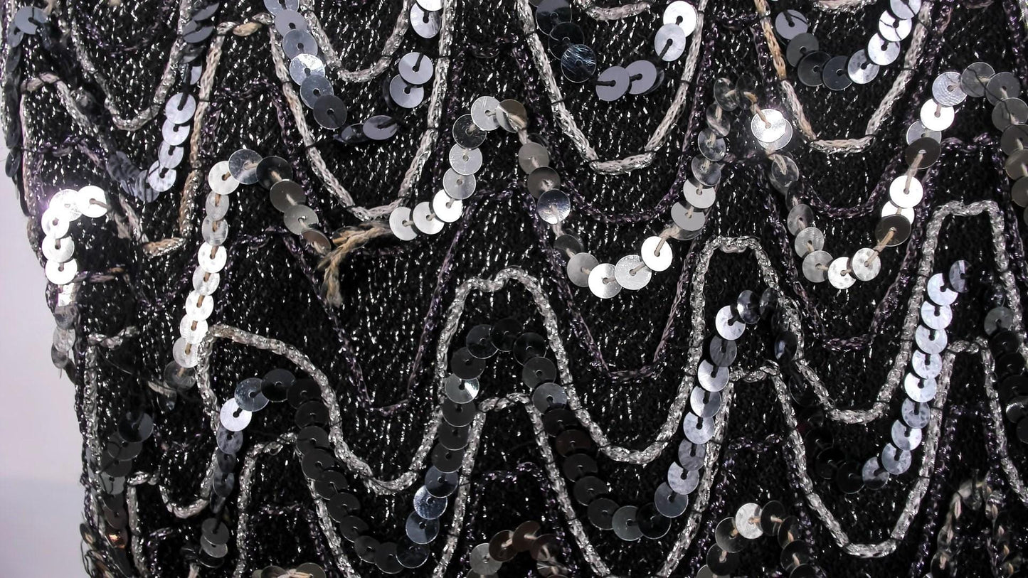 90s Erica Scott Silver Sequin Maxi Dress Chevron Black Plus Size XXL