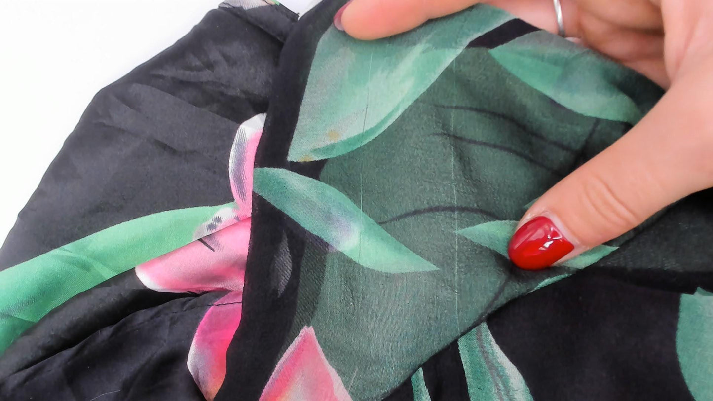 90s Donna Ricco Silk Dress Tropical Floral Black Cowl Neck Layered Hem Medium M