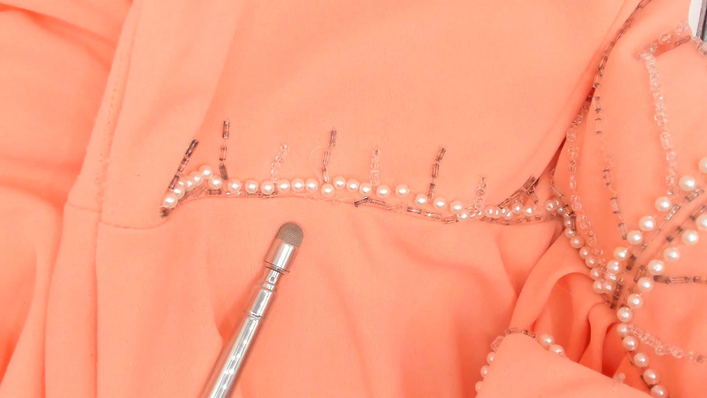 70s Peach Maxi Dress Empire Waist V Neck Beaded Chevron Rhinestone Extra Large