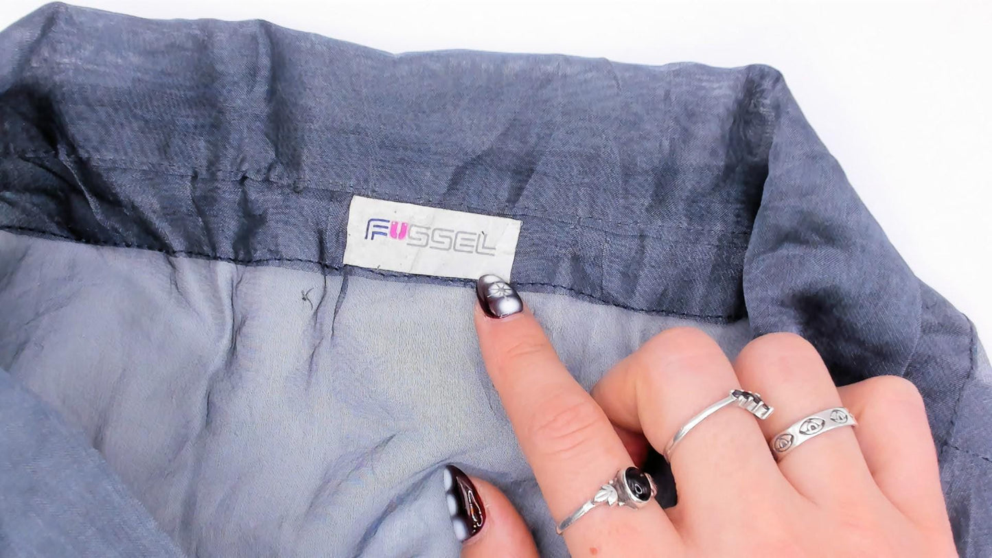 Y2K Fussel Grey Organza Blouse Cap Sleeve Ruffle Collar Sheer Top Medium M