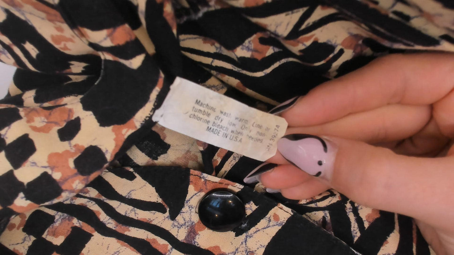 80s Tapa Print Dress Black Tan V-Neck Cotton Tropical Floral Pencil Small