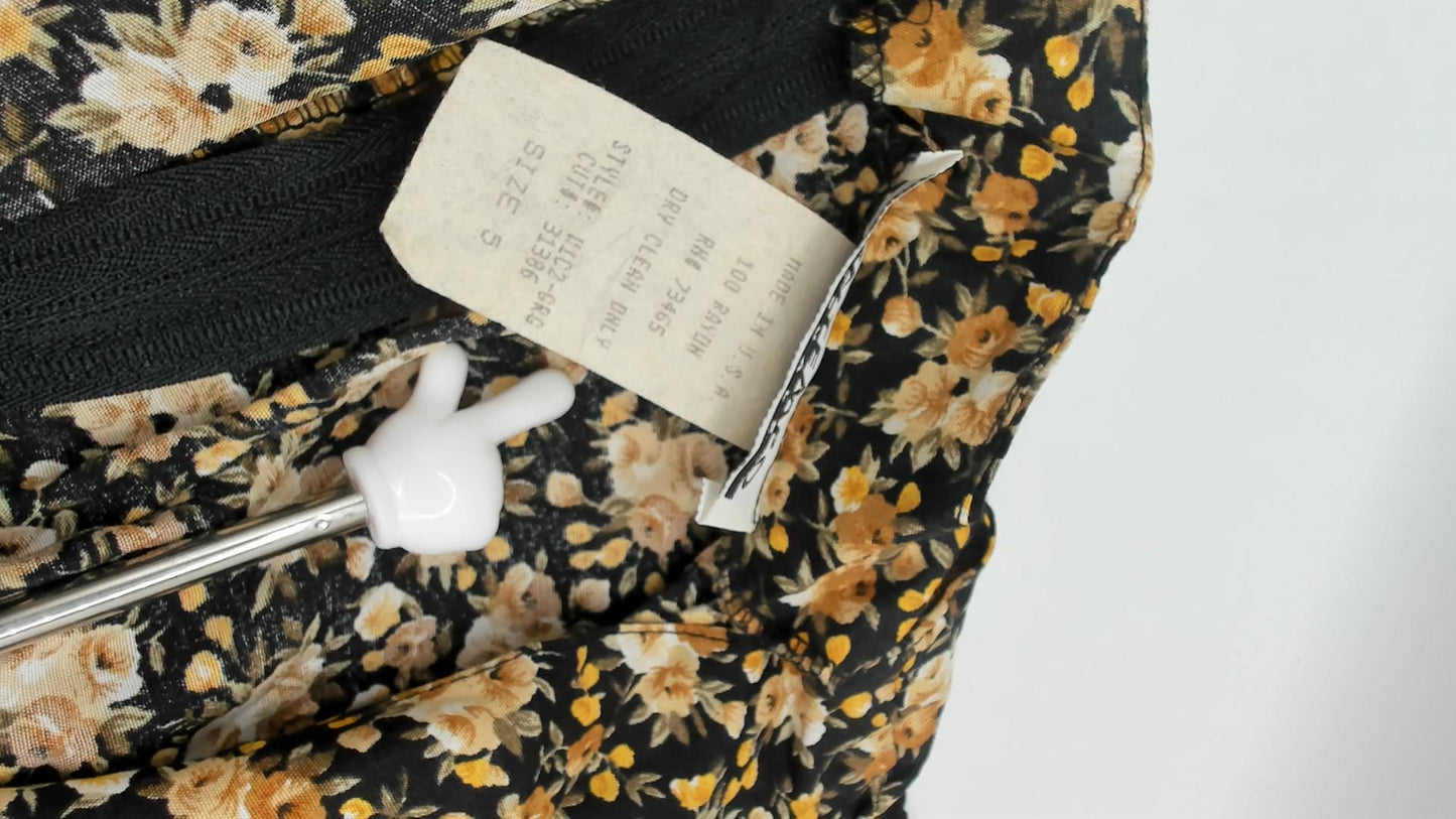 90s Contempo Casuals Floral Mini Dress Black Peach Rose V-Neck Flutter Sleeve Small S