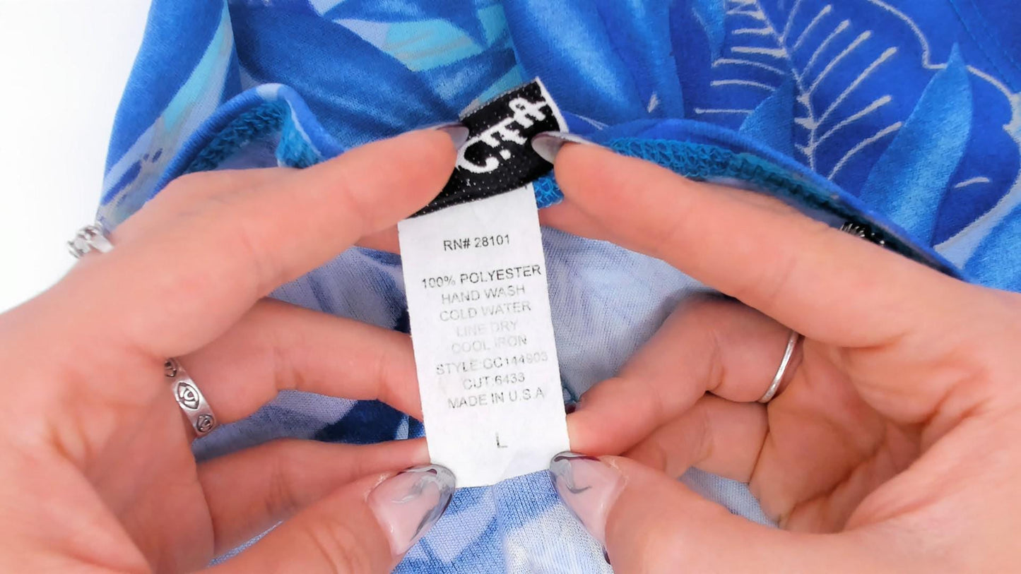 Y2K Rave City Blue Tropical Leaf Mini Dress Sleeveless Tie Shoulder Large L