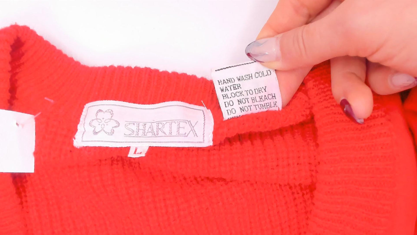 90s Shartex Red Cardigan V-Neck Button Front Knit Embroidered Crest Large L