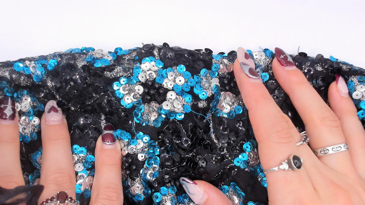 80s Alyce Designs Black Sequin Maxi Gown Teal Silver Floral Small