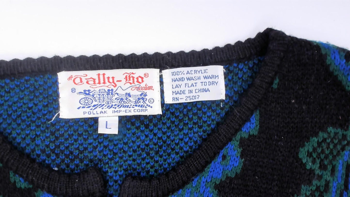 70s Tally-Ho Paisley Jacquard Cardigan Blue Green Black Button Front Large
