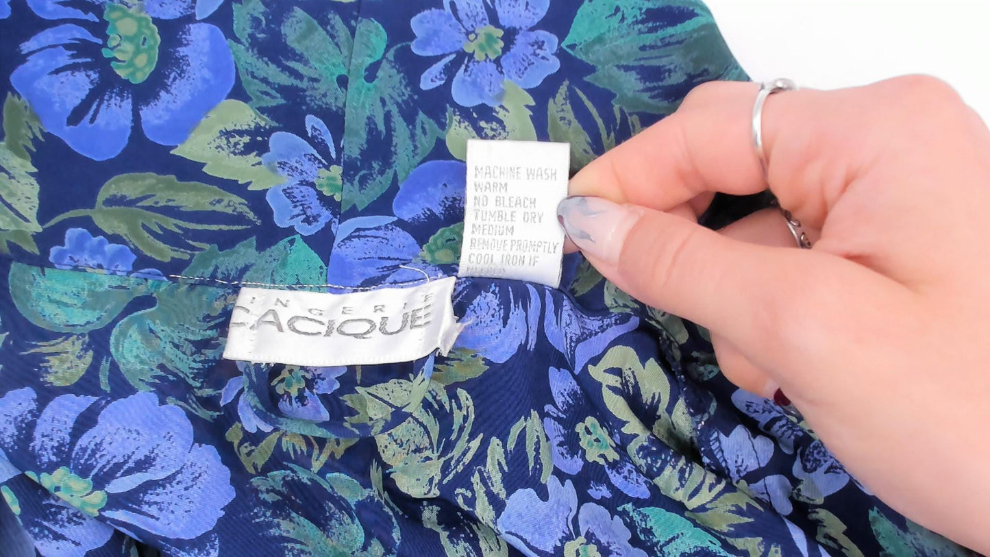 90s Cacique Floral Wrap Robe Periwinkle Navy Botanical Print Midi Large L