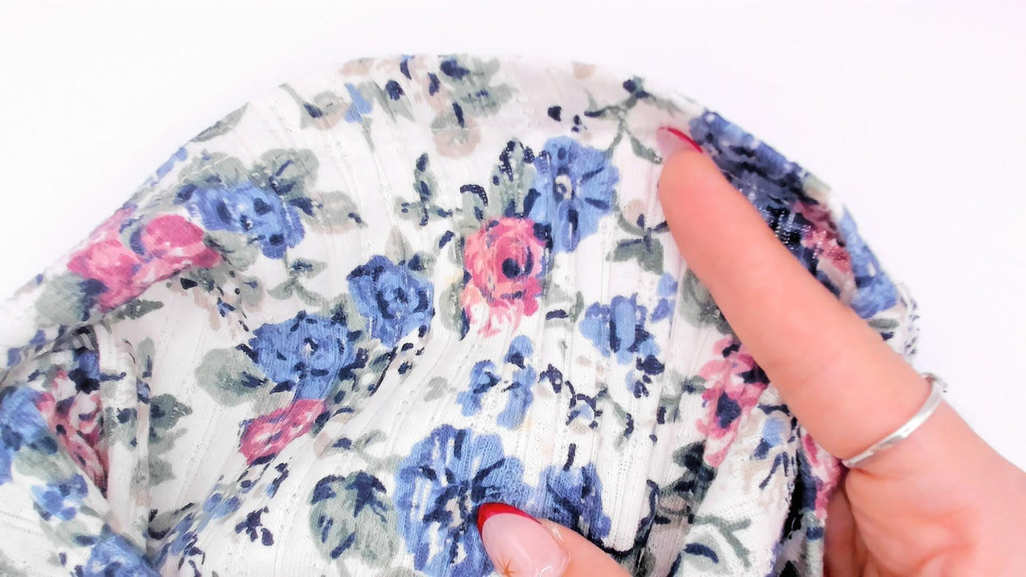 90s Floral Button Front Romper Square Neck Blue Pink Rose Ivory Medium M