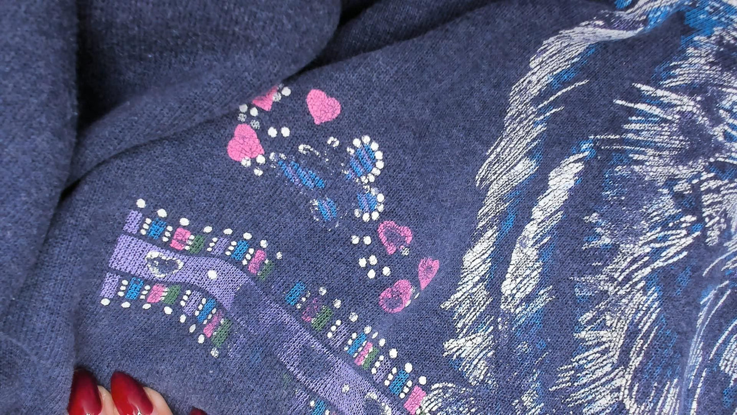 90s Hanes Cat Butterfly Sweatshirt Navy Blue Graphic Crewneck Raglan Large L
