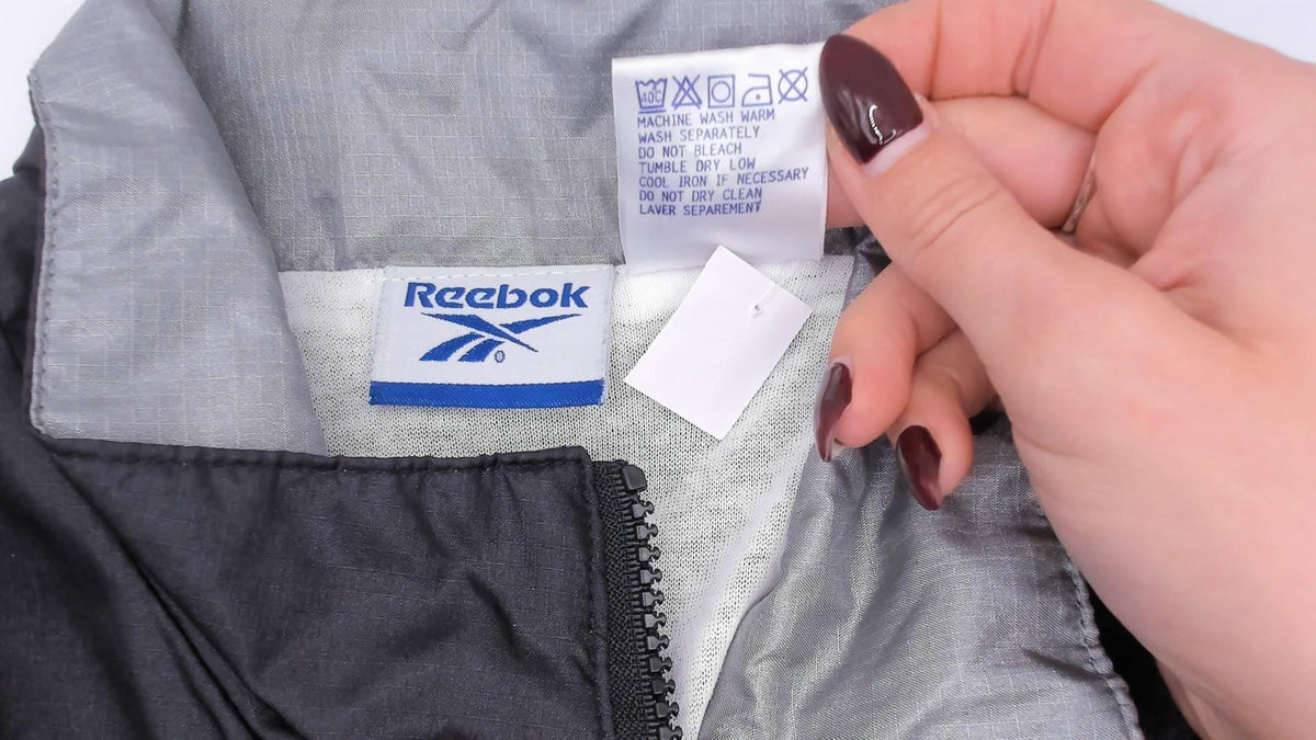 90s Reebok Windbreaker Jacket Black Grey Reflective Stripe Medium M
