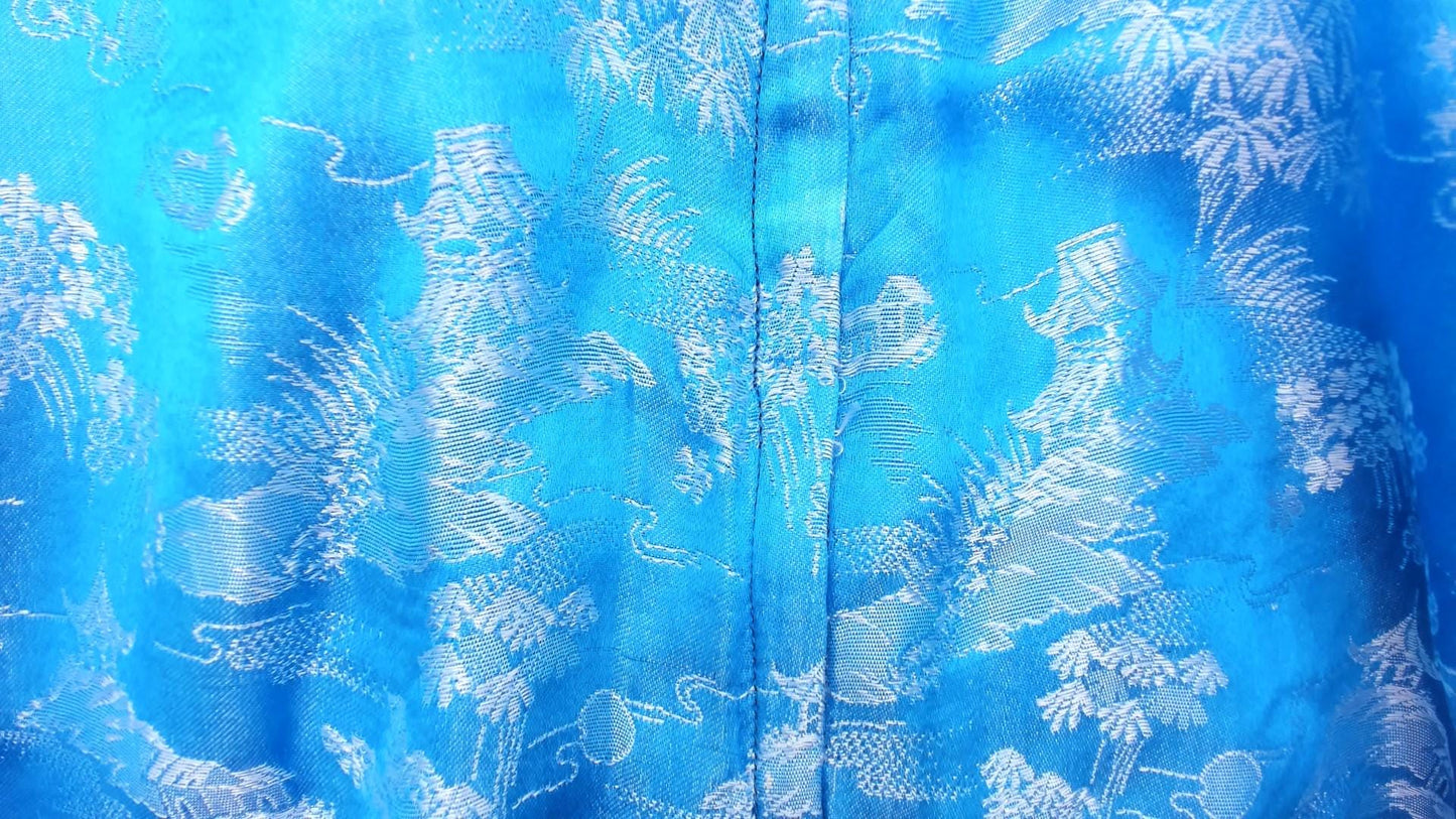 60s Asian Print Shift Dress Sky Blue Pagoda Scenic Mock Neck Sleeveless Small