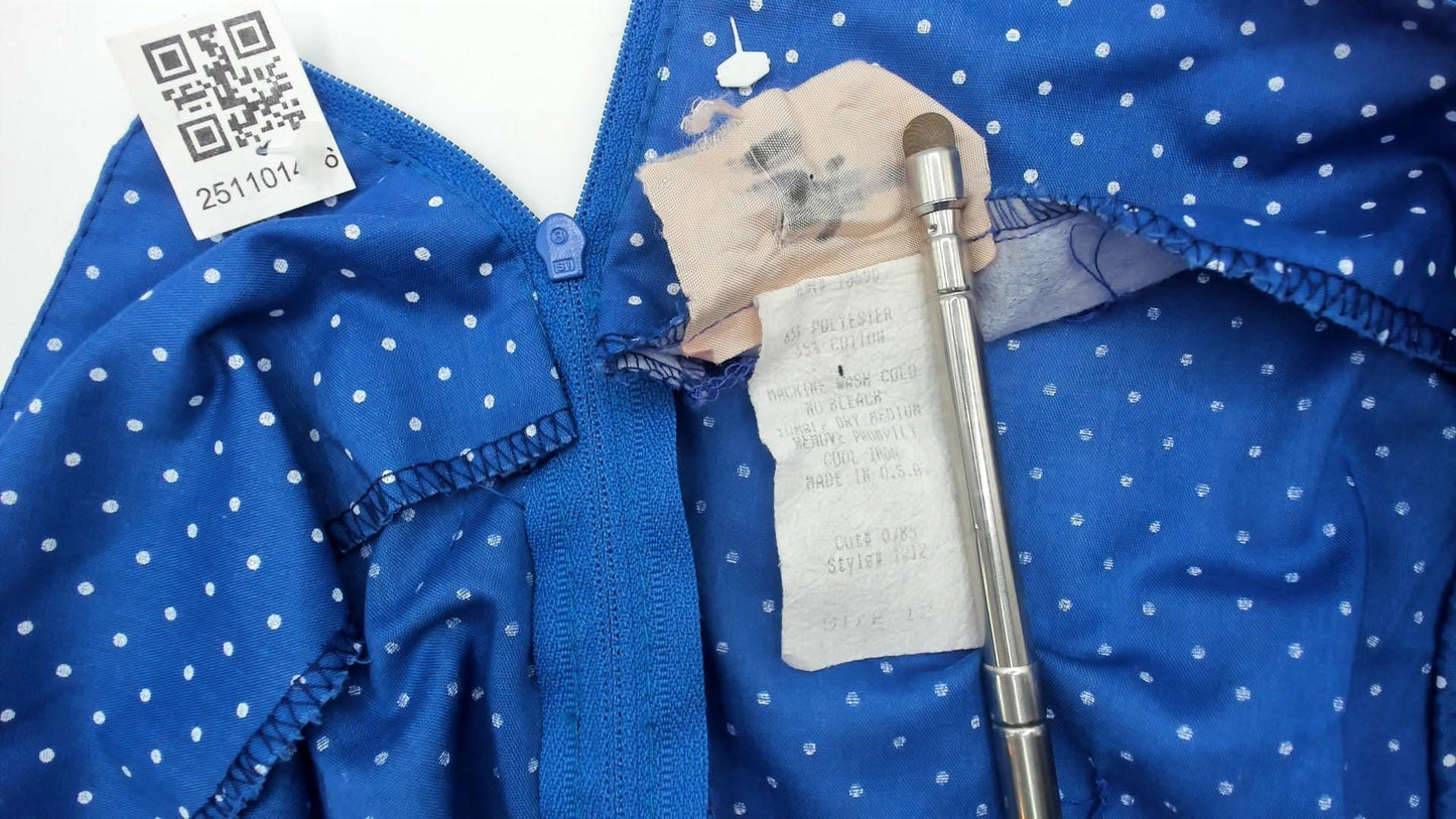 80s Blue Polka Dot Square Dance Dress Puff Sleeve Eyelet Lace Mini Large