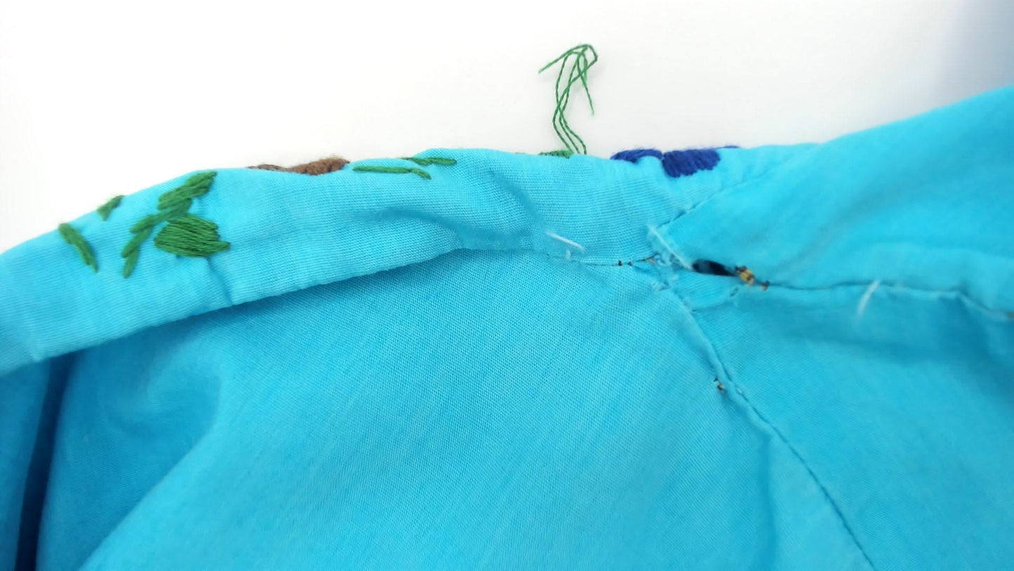 80s Mexican Embroidered Turquoise Cotton Dress Floral Empire Waist Extra Small XS