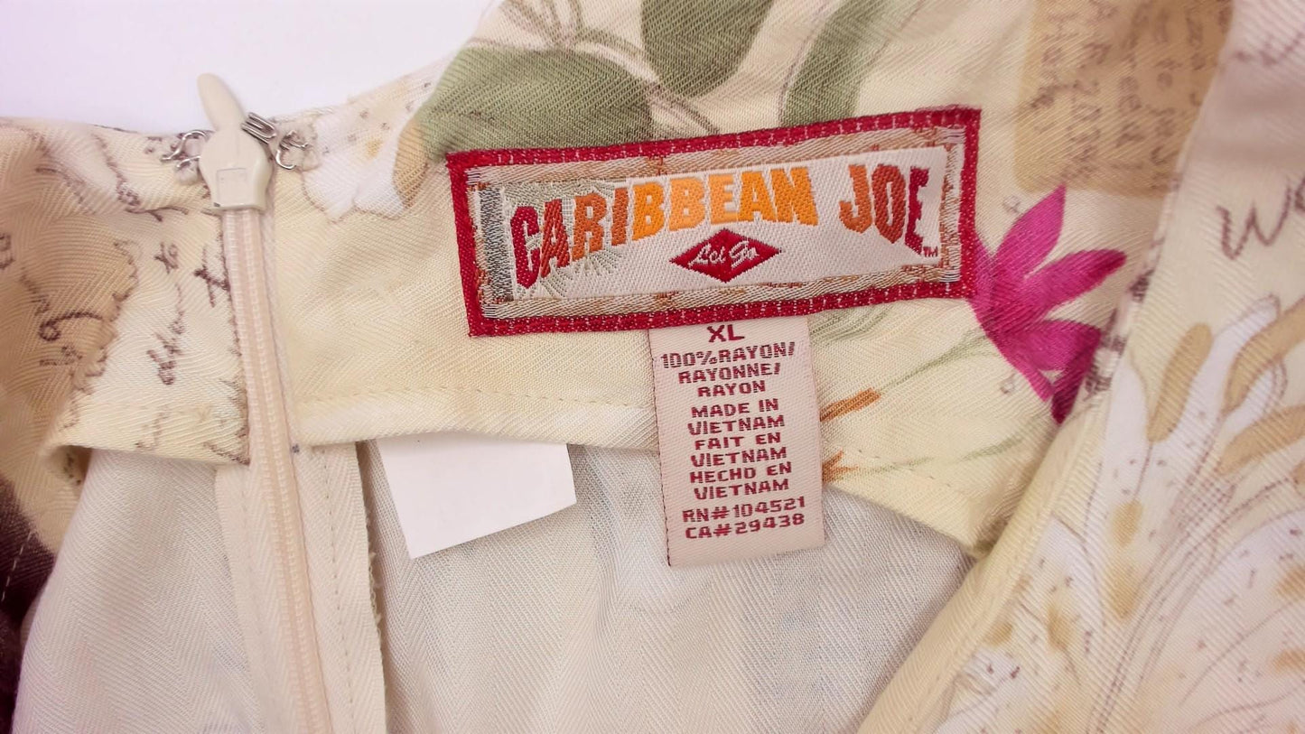 90s Caribbean Joe Tropical Shift Dress Cream Floral Postcard Print Extra Large