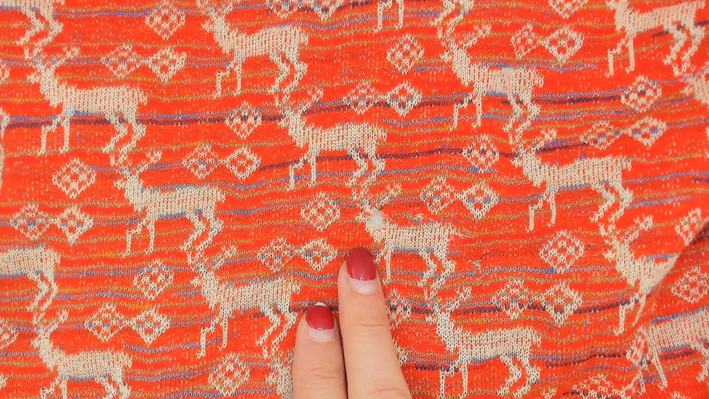 70s Deer Jacquard Mini Dress Red Cream Shift Knit Small S