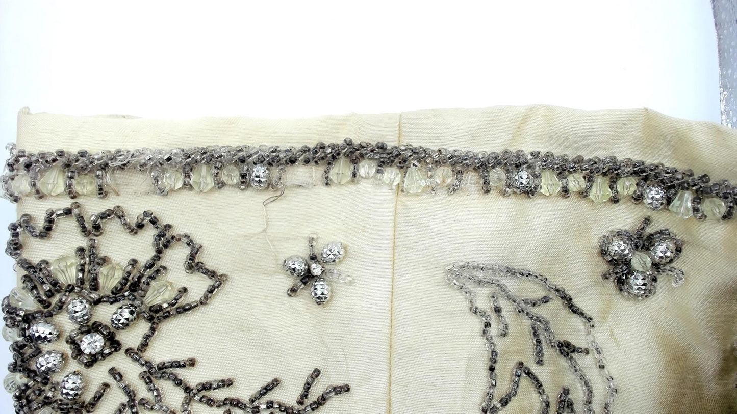 60s Miss Elliette Cream Shift Dress Silver Beaded Floral Mock Neck Mini Medium M