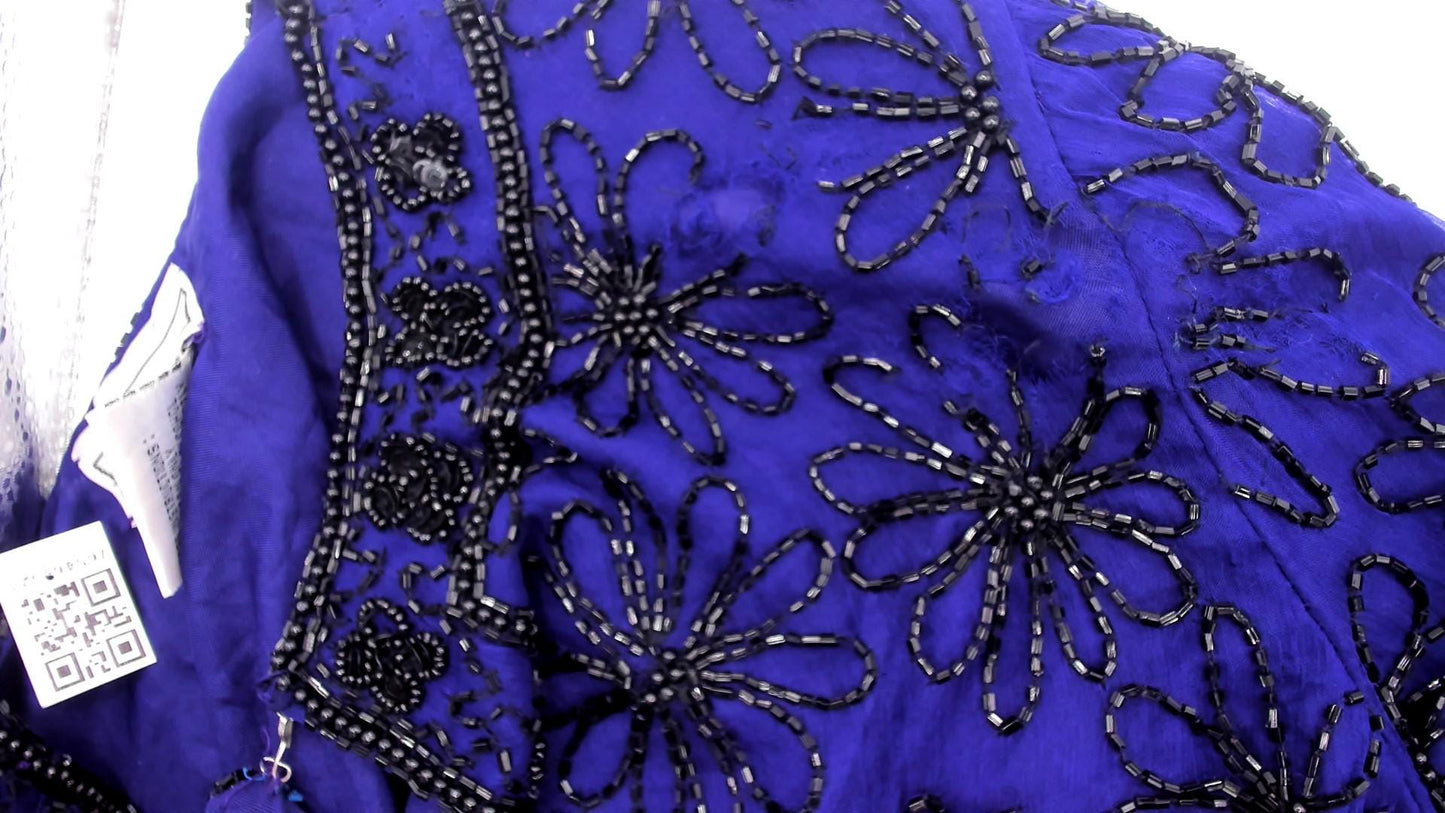 90s Stenay Silk Cropped Jacket Navy Beaded Floral Sequin Small
