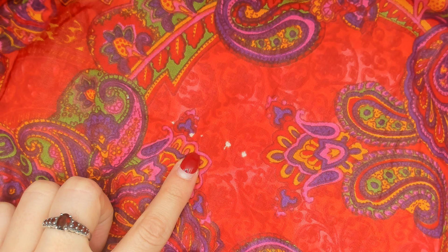 70s Metropolitan Paisley Smocked Midi Dress Red Flutter Sleeve Cotton Large L