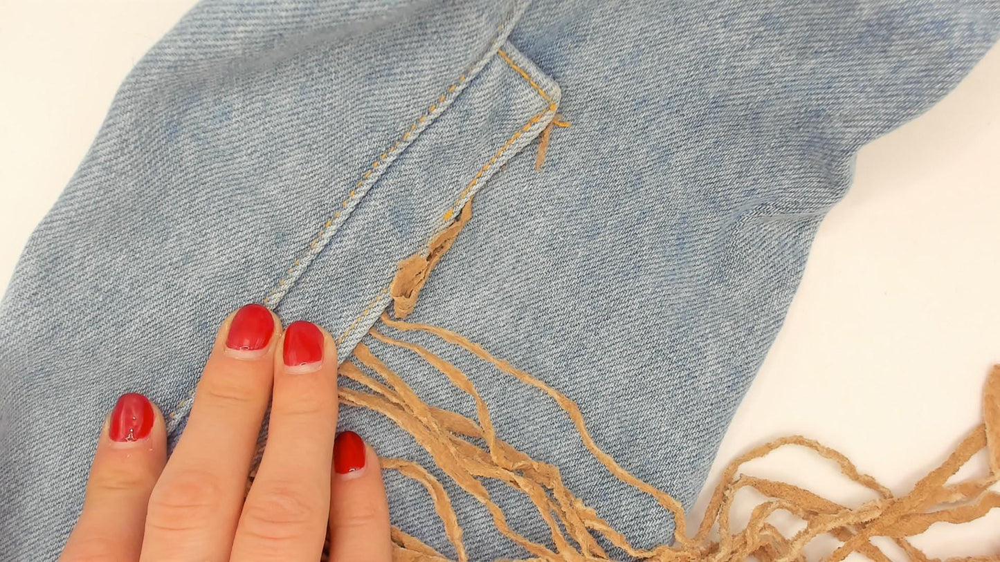 90s Morganwear Denim Jacket Suede Fringe Light Wash Lace-Up Back Medium M
