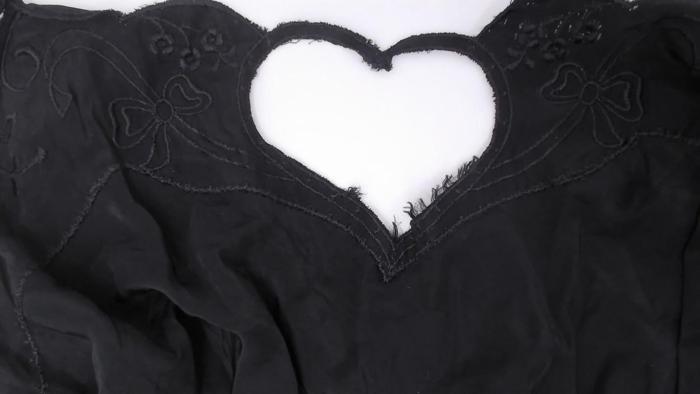 70s Black Silk Slip Dress Heart Cutout Lace Trim Spaghetti Strap Extra Small