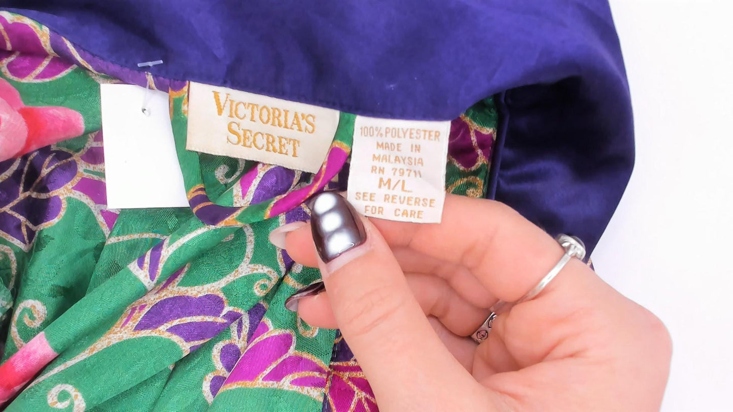 90s Victoria's Secret Green Floral Kimono Robe Satin Trim Medium Large