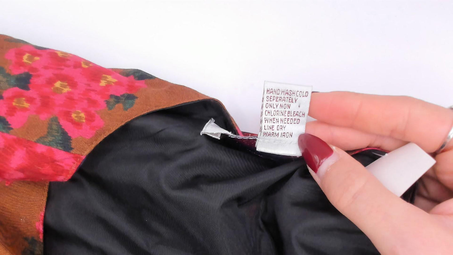 90s Karen Scott Floral Vest Brown Pink Rose Button Front Tie Back Small