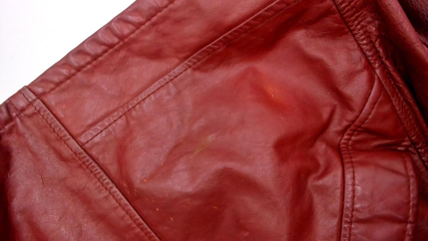 70s Brown Leather Jacket Notched Collar Long Coat Burgundy Lining Extra Large