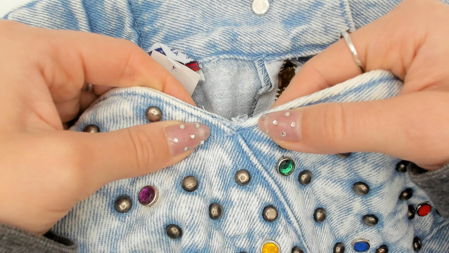 90s Opal Light Blue Studded Denim Mini Skirt Rhinestone High Waist Medium
