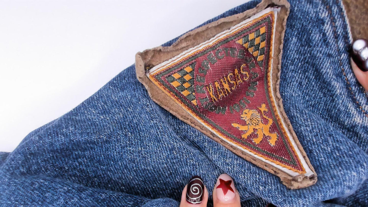 90s Kansas Brand Patchwork Denim Jeans High-Waisted Tapered Blue Suede Trim Small