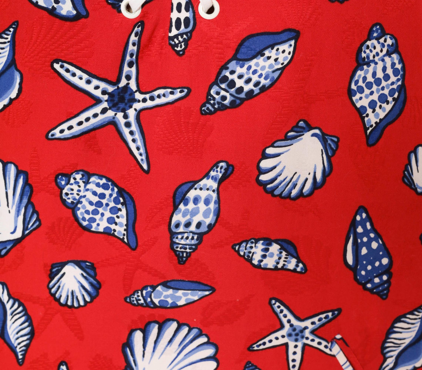 70s Bill Blass Seashell Starfish Print Shift Dress Red Cotton Lace-Up Large L