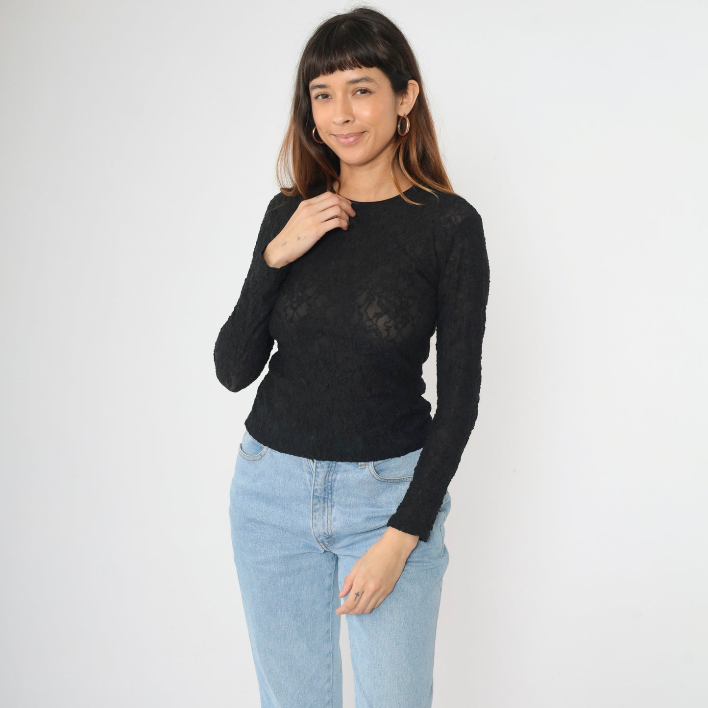 Y2K Sheer Black Lace Shirt S