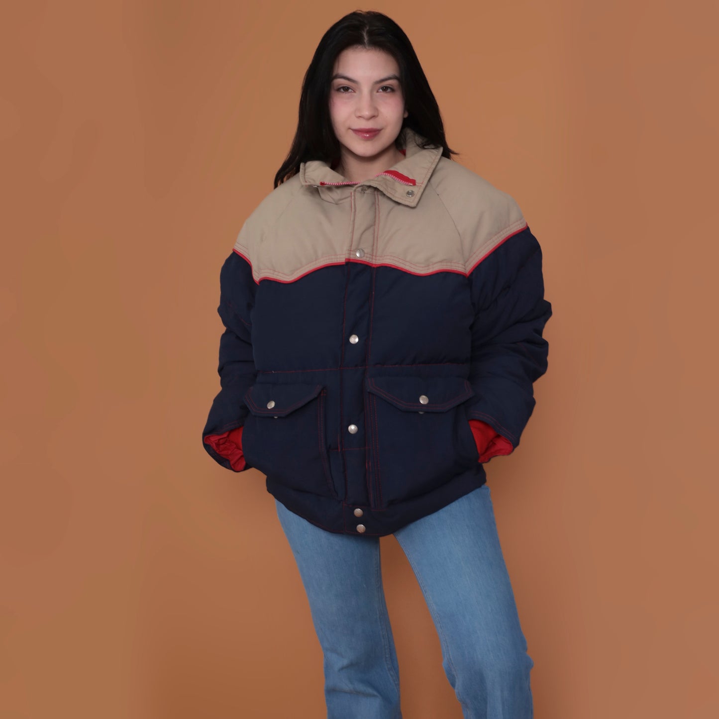 70s Navy Blue and Tan Puffer Ski Jacket