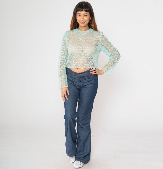 Vintage 80s Aqua Sheer Lace Blouse S