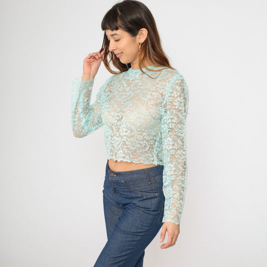 Vintage 80s Aqua Sheer Lace Blouse S