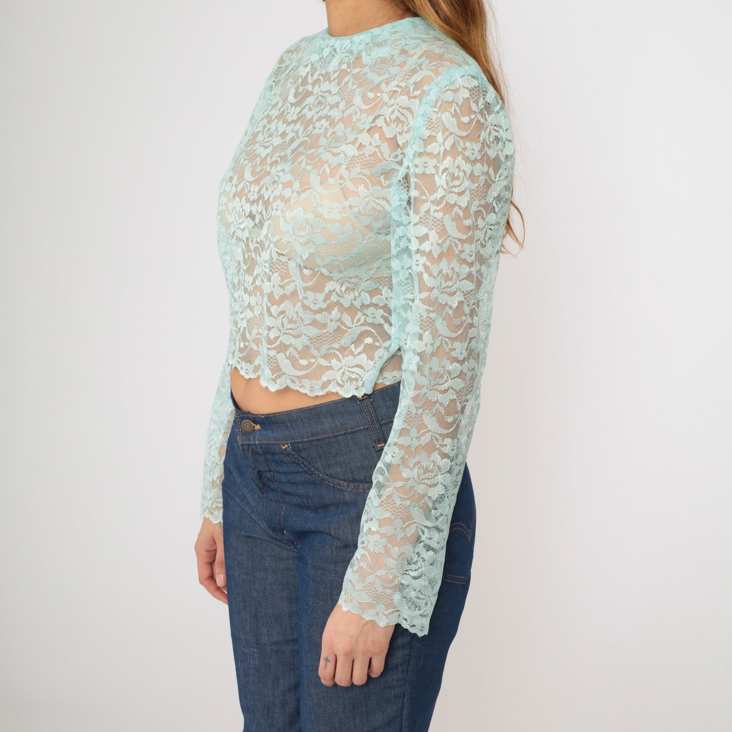 Vintage 80s Aqua Sheer Lace Blouse S