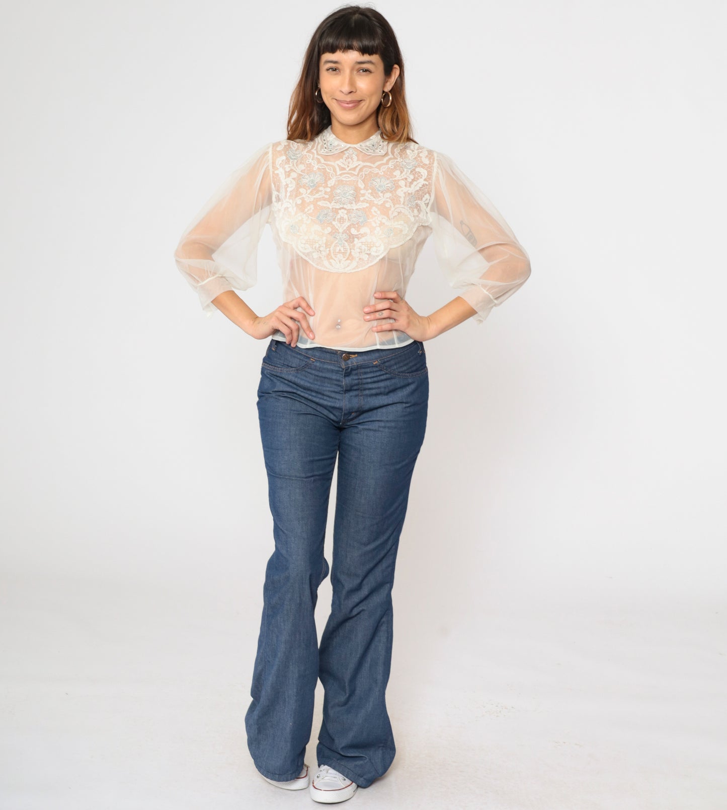 60s Sheer Chiffon Lace Blouse 32/S