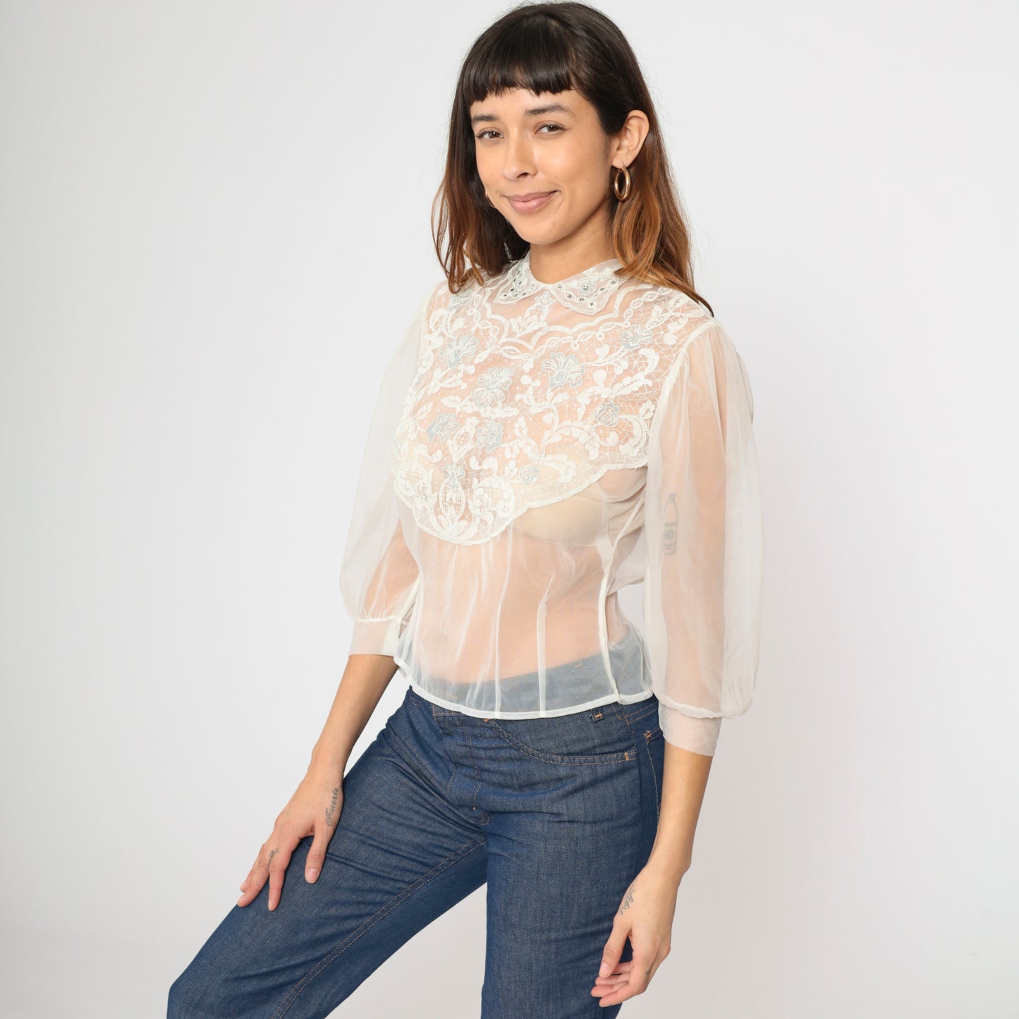 60s Sheer Chiffon Lace Blouse 32/S