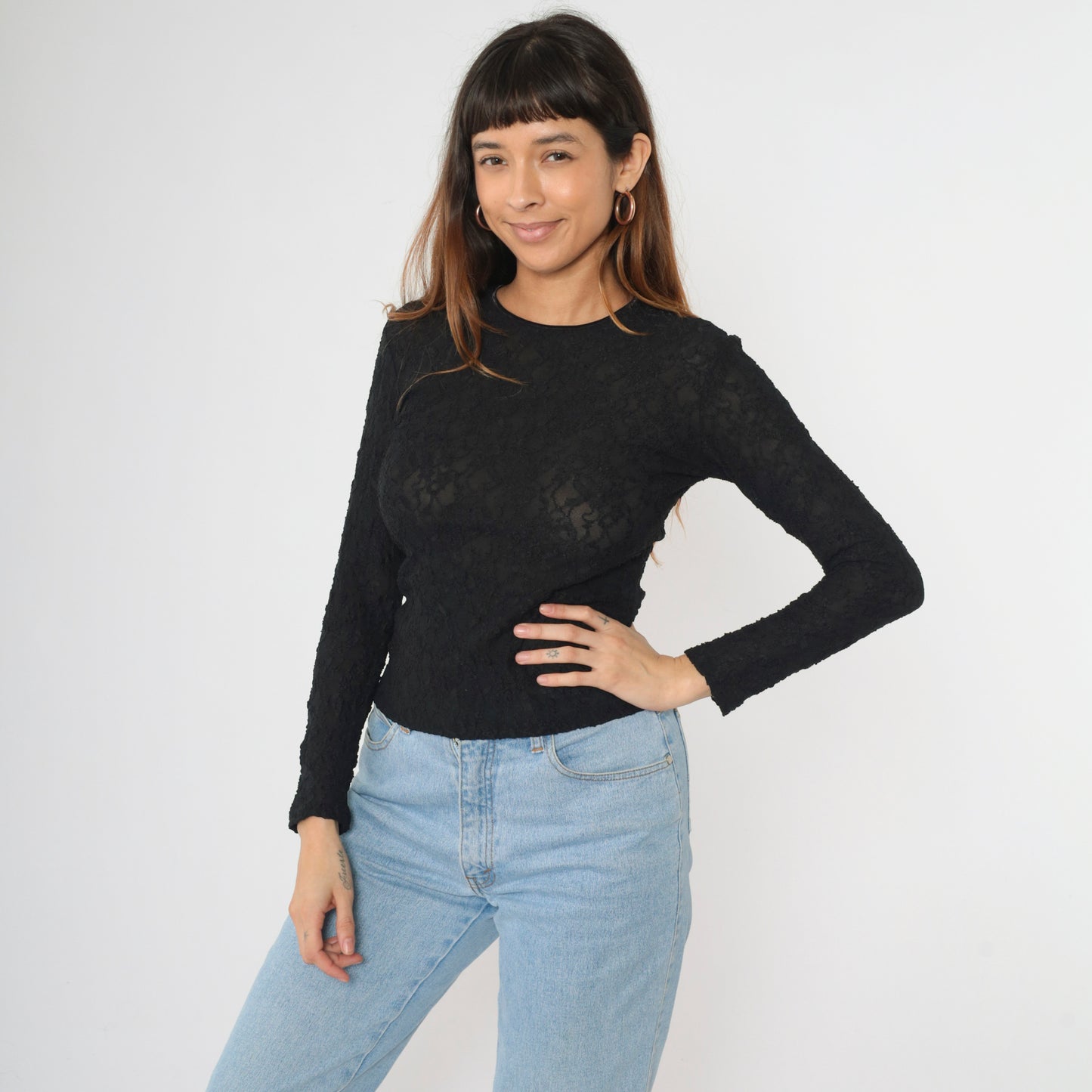 Y2K Sheer Black Lace Shirt S