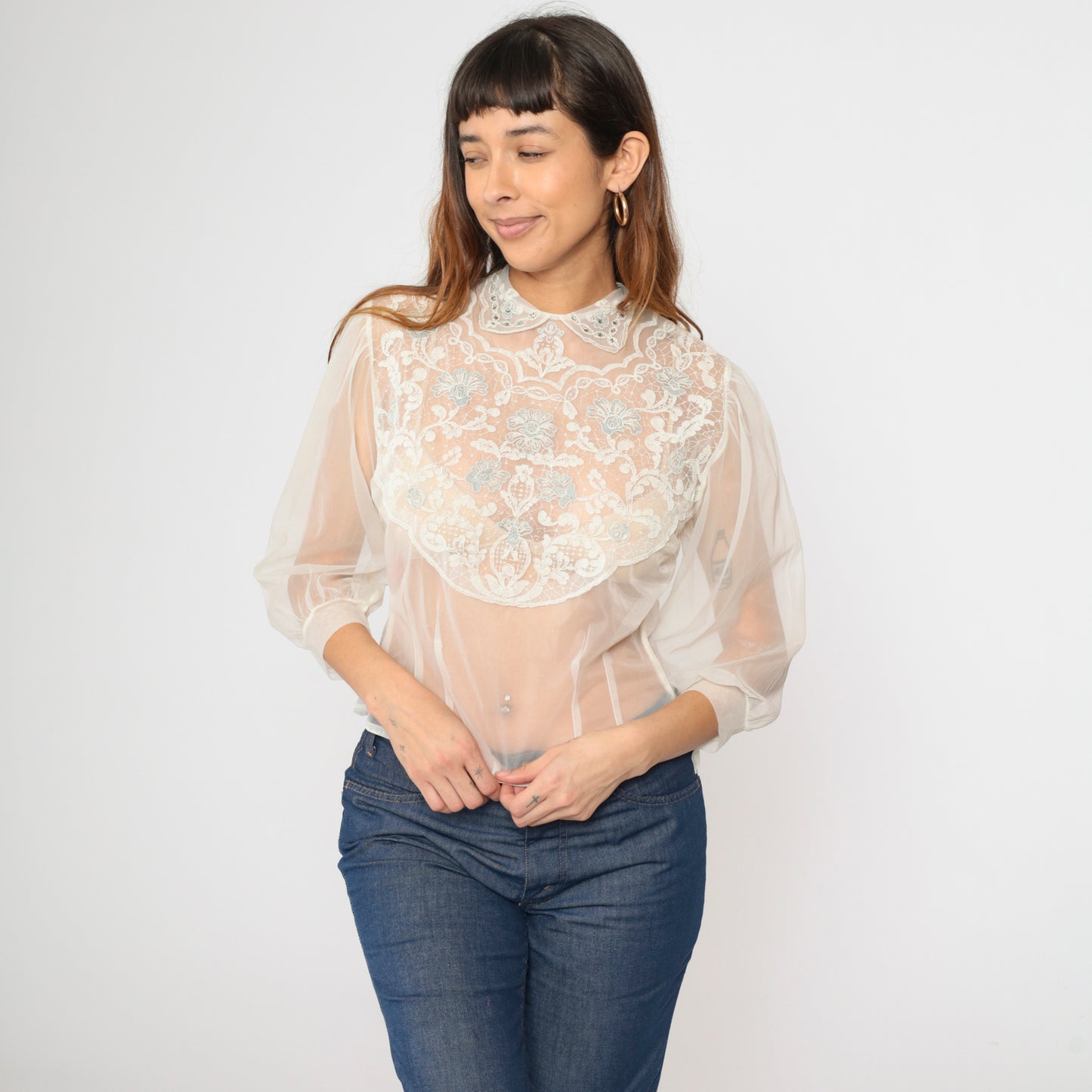 60s Sheer Chiffon Lace Blouse 32/S