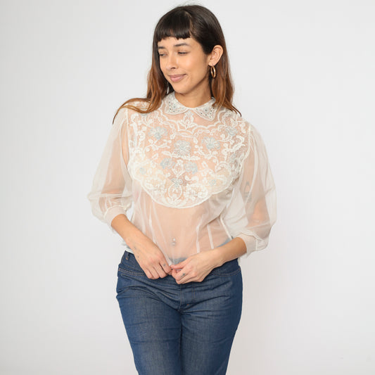 60s Sheer Chiffon Lace Blouse 32/S