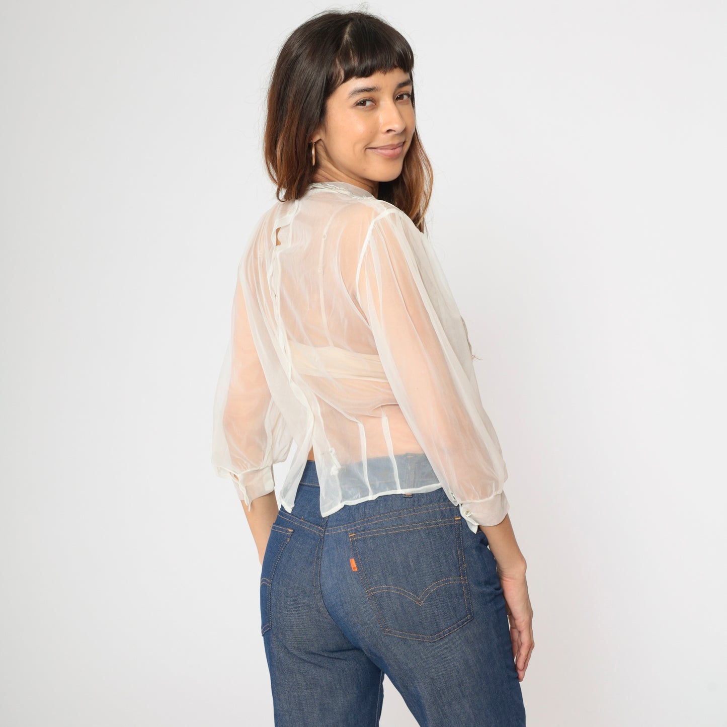 60s Sheer Chiffon Lace Blouse 32/S