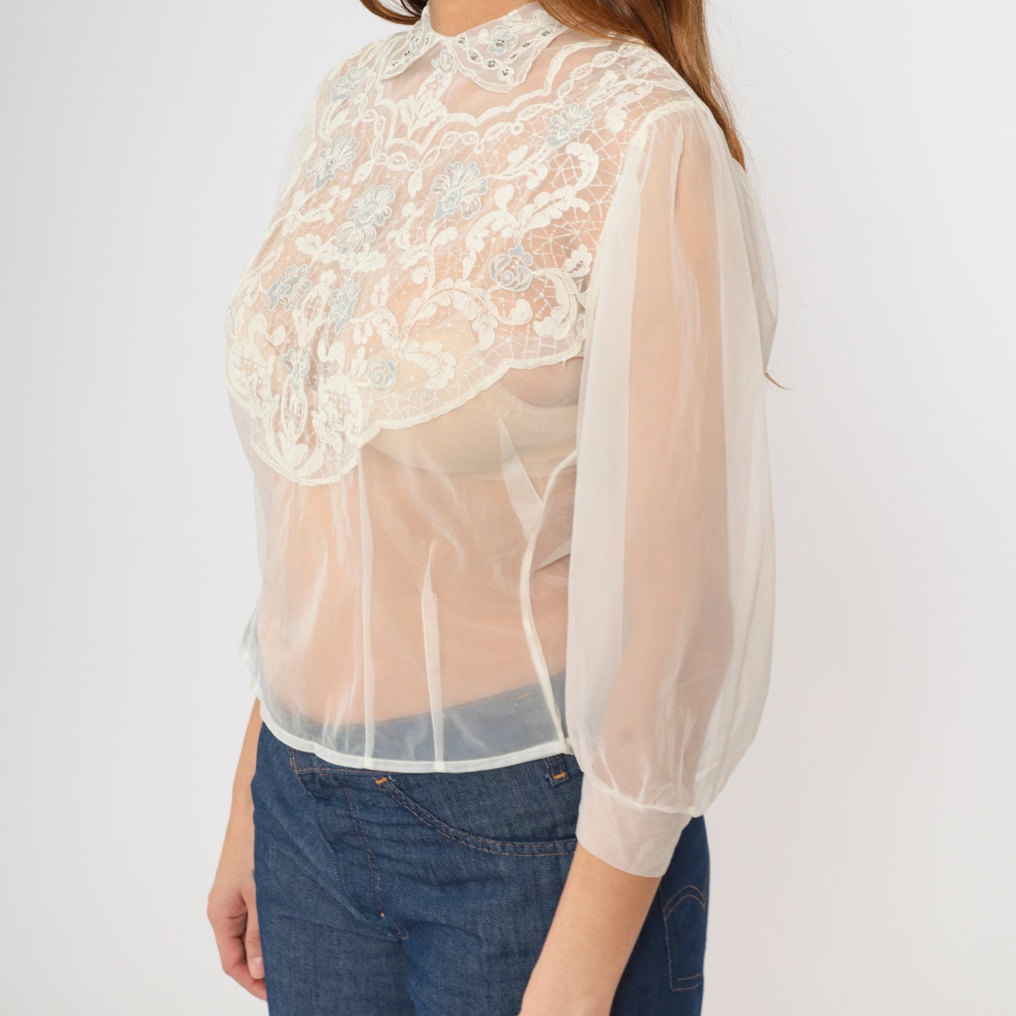 60s Sheer Chiffon Lace Blouse 32/S