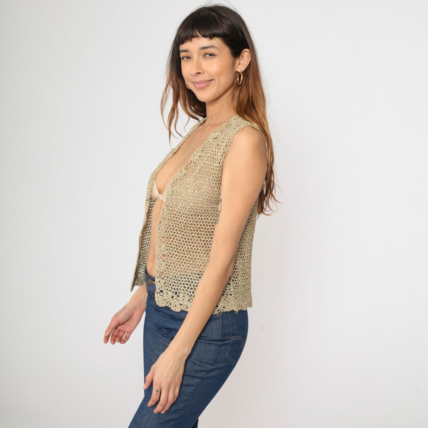 Vintage Gold Crochet Knit Vest S