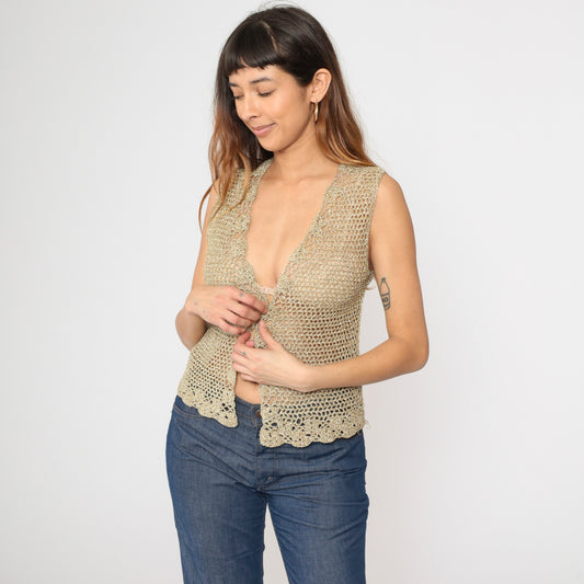 Vintage Gold Crochet Knit Vest S