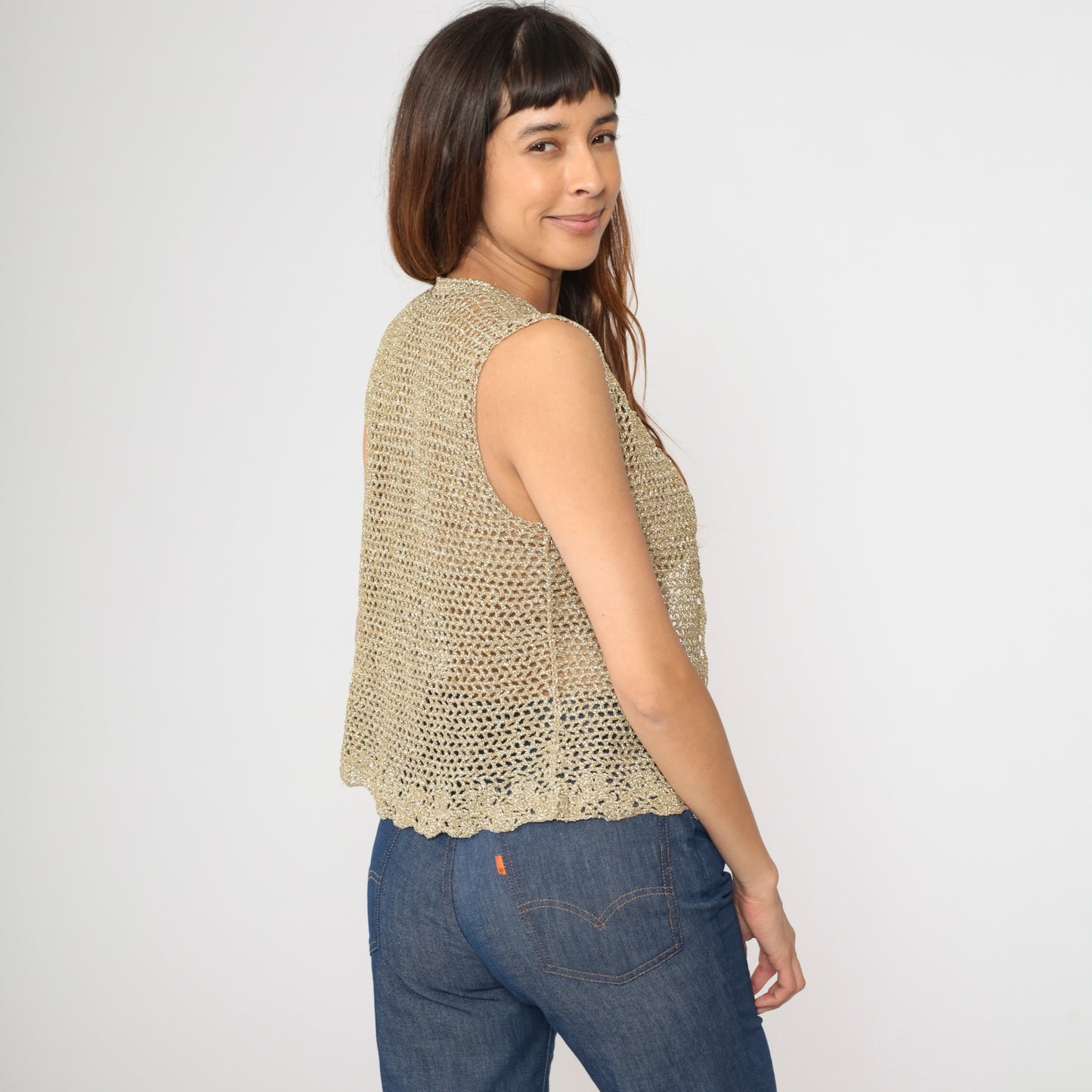 Vintage Gold Crochet Knit Vest S