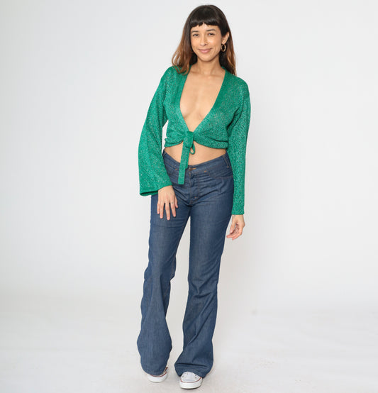 Vintage 70s Metallic Green Knit Crop Top S