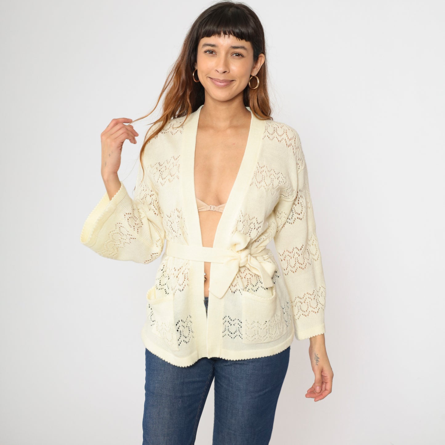 Vintage Sheer Cream Wrap Cardigan M