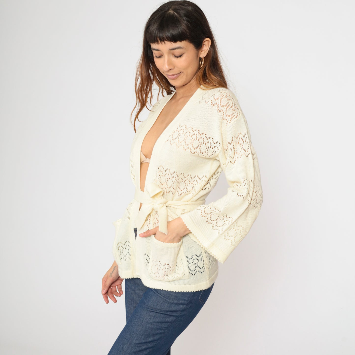 Vintage Sheer Cream Wrap Cardigan M